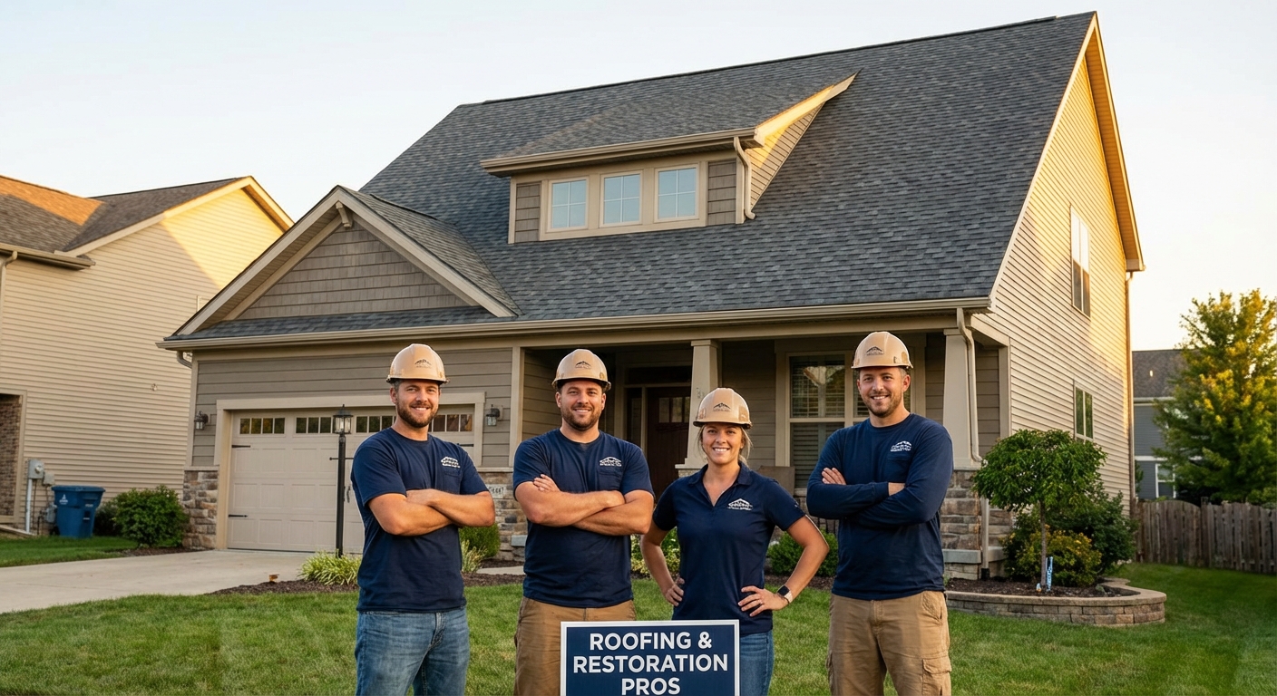 Salty Dawgz Roofing crew in front of completed roof